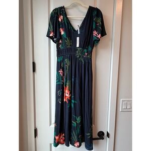 Soma Tropical Floral V-Neck Midi Dress Women Size M Navy Blue Resortwear Boho